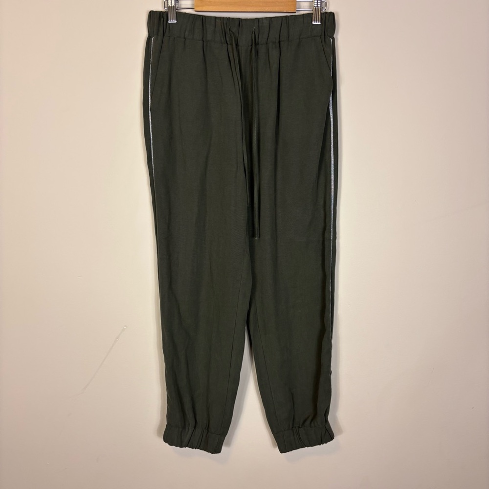 Zara Women’s Dark Green Joggers with Silver Sparkle Stripe Medium